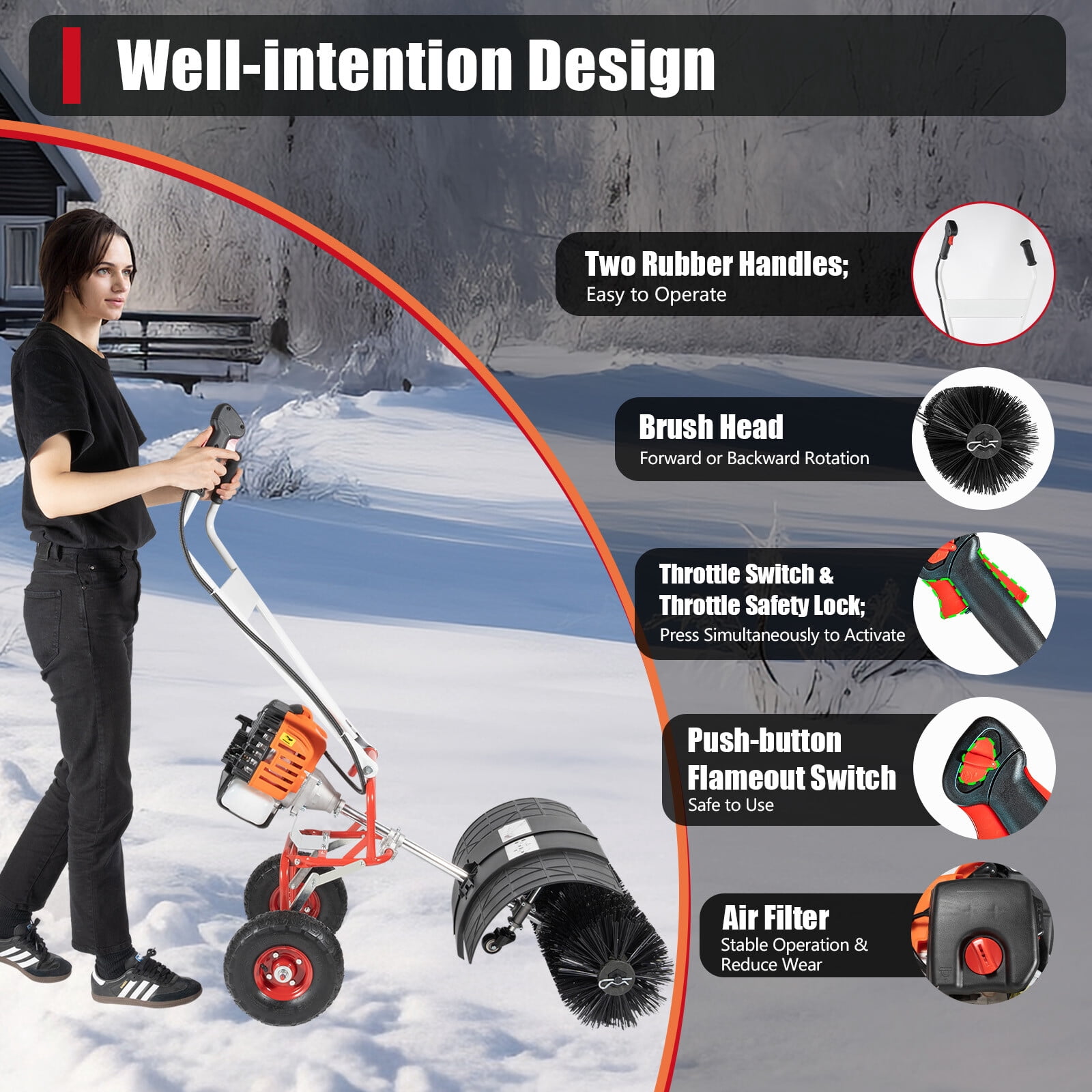 52CC 2-Stroke 2.5HP Walk Behind Gas Powered Sweeper Broom, Driveway and Lawn Snow Removal Sweeper, Artificial Turf Snow Sweeper, for Lawns, Fallen Leaves, Artificial Turf, and Gravel
