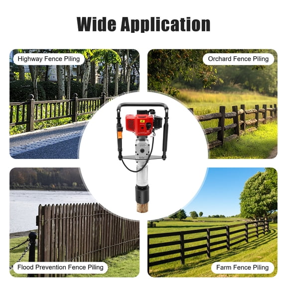 52CC 2 Stroke Gas Powered Pile Driver, 1900W Gasoline T Post Driver Portable Farm Fence Handheld Pile Driver Kit 6500r/min Single Cylinder Air Cooling for Fence Post Construction
