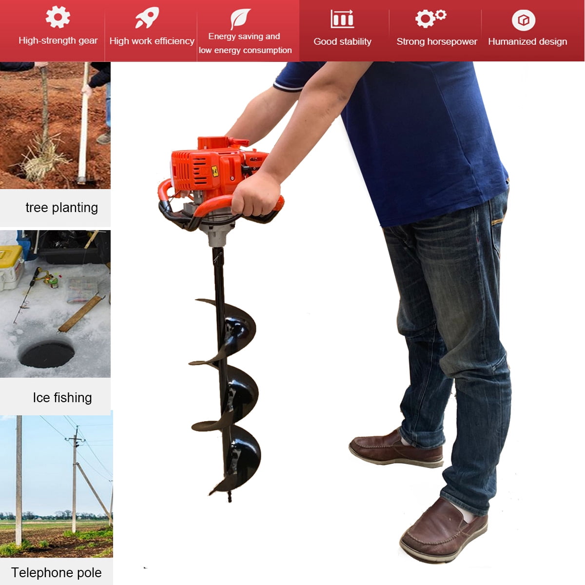52CC 2Stroke Gasoline Gas Powered Earth Auger Post Hole Digger Machine ...