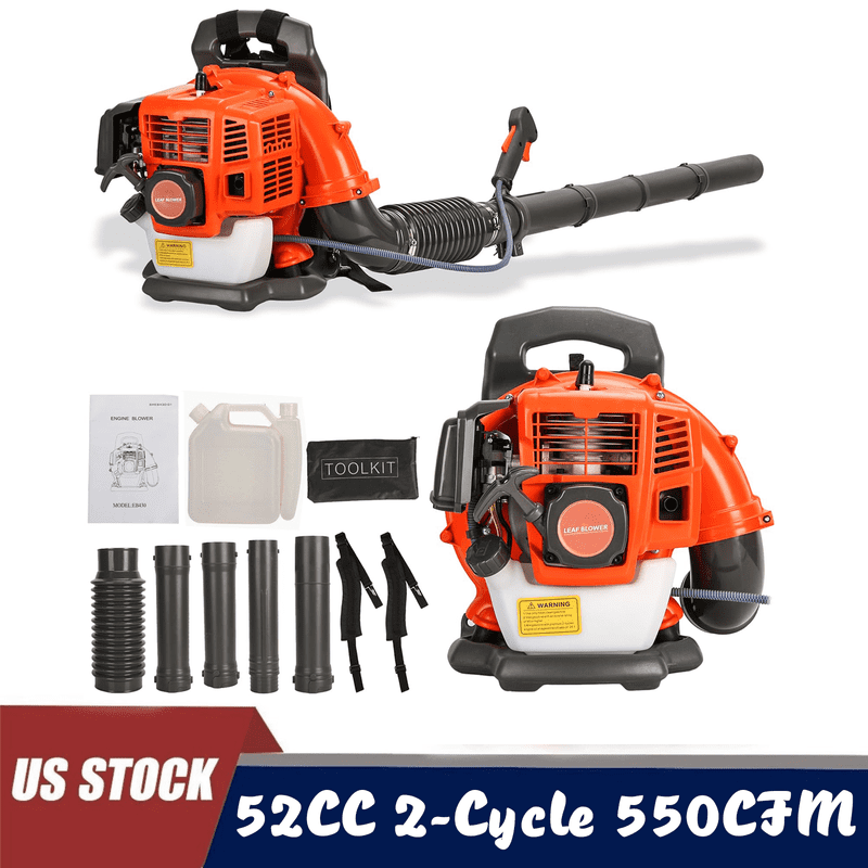 52CC Backpack Gas Powered Leaf Blower 550 CFM 1.7 HP 2 Cycle Grass Lawn Blower Air Cooling, Low Vibration and Ergonomic Design for Outdoor Gard Yard Cleaning and Snow Removal
