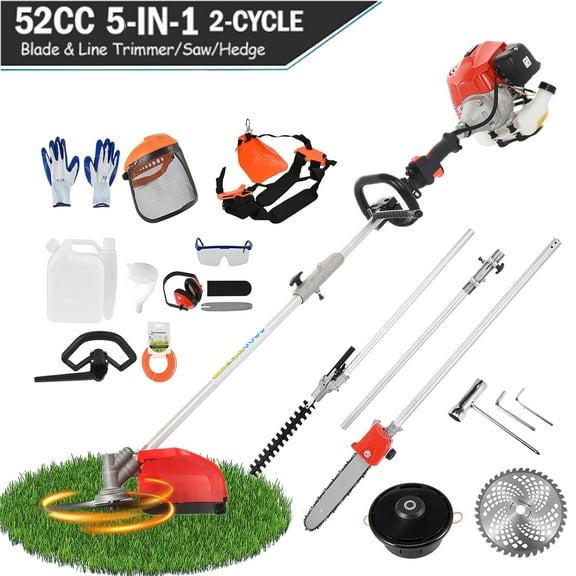52CC Gas Grass Trimmer 2-Cycle, 5 in 1 Trimming Tool Kit with Gas Pole Saw, Hedge Trimmer, Grass Trimmer, Brush Cutter, Full Crankshaft Weed Eater Lawn Mower for Garden Lawn Yard