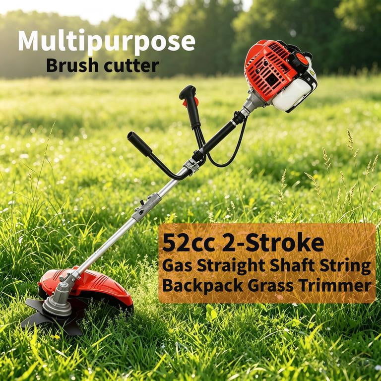 52CC Gas Powered 2 in 1 Lawn Mower, String Trimmer Head and 3-Teeth Blade Dual Configuration, 2.2KW Powerful Quick Start Engine, Wear Resistant ABS and Metal Material, Side Mount Type