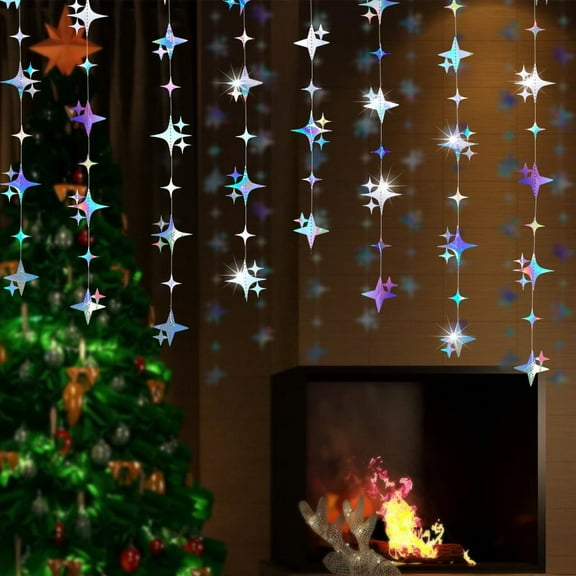 52FT Iridescent Star Garland, Hanging Twinkle Little Star Streamer Bunting Banner, Birthday Ramadan EID Mubarak Baby Shower Wedding Party Decoration