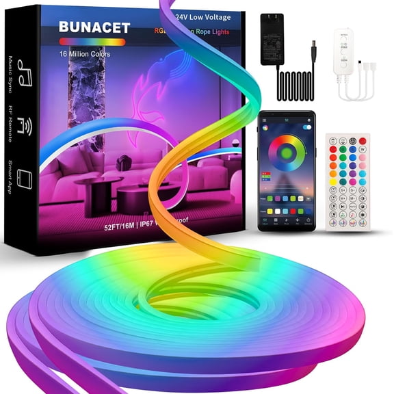 52FT LED Neon RGB+IC Lights, LED Lights with RF Remote & APP Control, Flexible IP65 Waterproof Outdoor,Music Sync,DIY Design, 24V LED Strip Lights for Gaming Livingroom Wall Christmas Decor