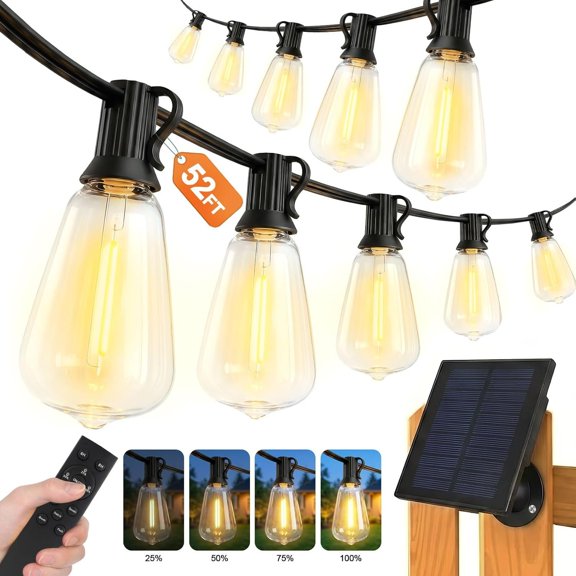 52FT Solar String Lights Outdoor Patio Lights with Remote and 15+1 LED Shatterproof Bulbs, 3 Light Modes Dimmable & Timer Solar Lights for Backyard Porch Garden Wedding Decor