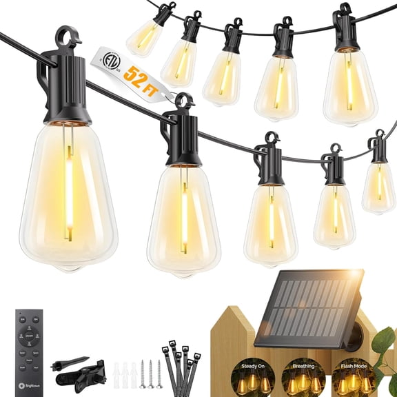 52FT Solar String Lights Outdoor Waterproof, Patio Lights with Remote & Timer, USB/Solar Powered Dimmable Outdoor Lights, 15+1 LED Bulbs for Backyard Garden Camping Party - 26Hrs Runtime