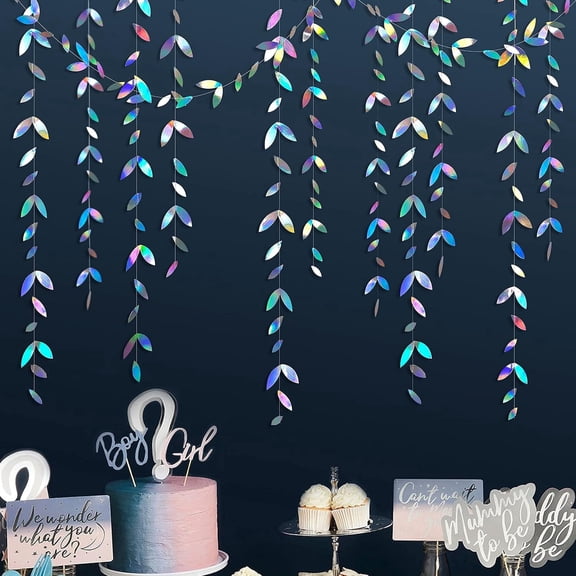 52Ft 4Pcs Iridescent Leaf Garland Holographic Paper Colorful Hanging Leaves Streamer Banner for Birthday Baby Shower Wedding Engagement Bridal Shower Bachelorette Holiday Euphoria Party Decorations