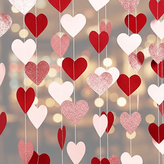 52Ft Heart Paper Streamers Garland for Party Decor, Valentines Mothers Day Wedding Bridal Shower Bachelorette Engagement Hanging Decoration in Rose Gold Pink Burgundy Red
