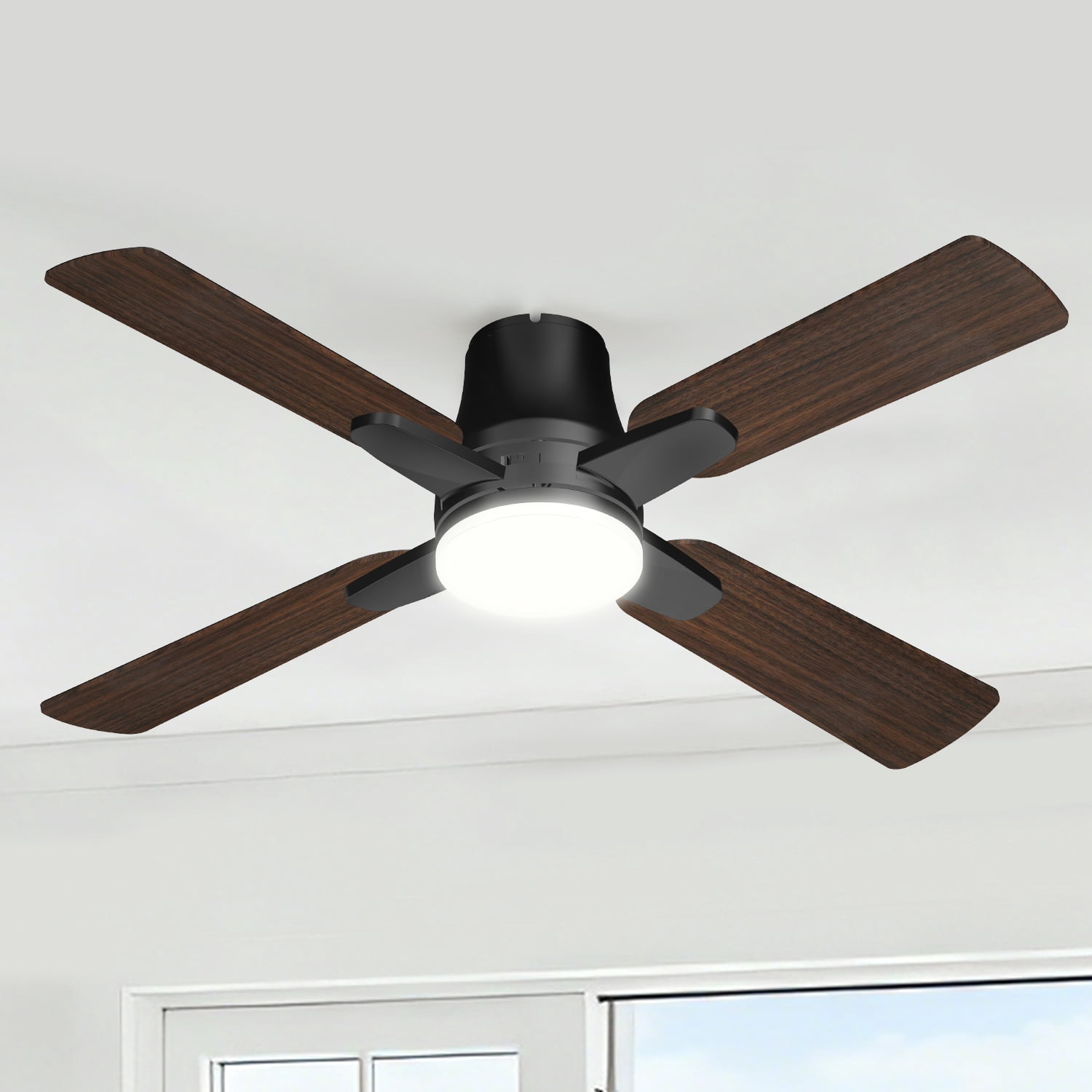 Mainstays 52 Inch Hugger Ceiling Fan With LED Light and Remote Control, Black, Quiet DC Motor