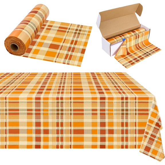 52IN x 98.4FT Orange Tablecloth, Gingham Tablecloth Disposable, Orange Autumn Disposable Plastic Table Cover Roll for Party, Wedding, Dining Room
