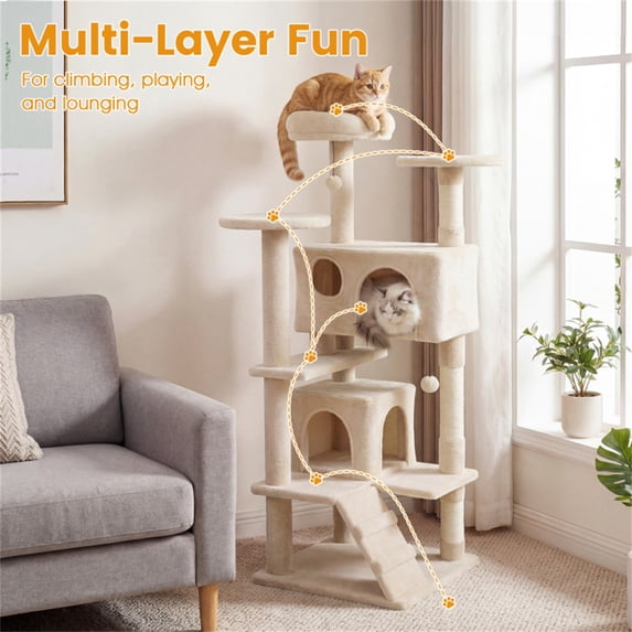 52In Cat Tree Tower Beige Perches Condos Multi Cat Playground Scratching Posts 31Lbs Engineered Wood Sponge Plush Sisal Anti Topple Wide Base 22Lbs Capacity Climbing Ladder Dangling Balls Indoor Use