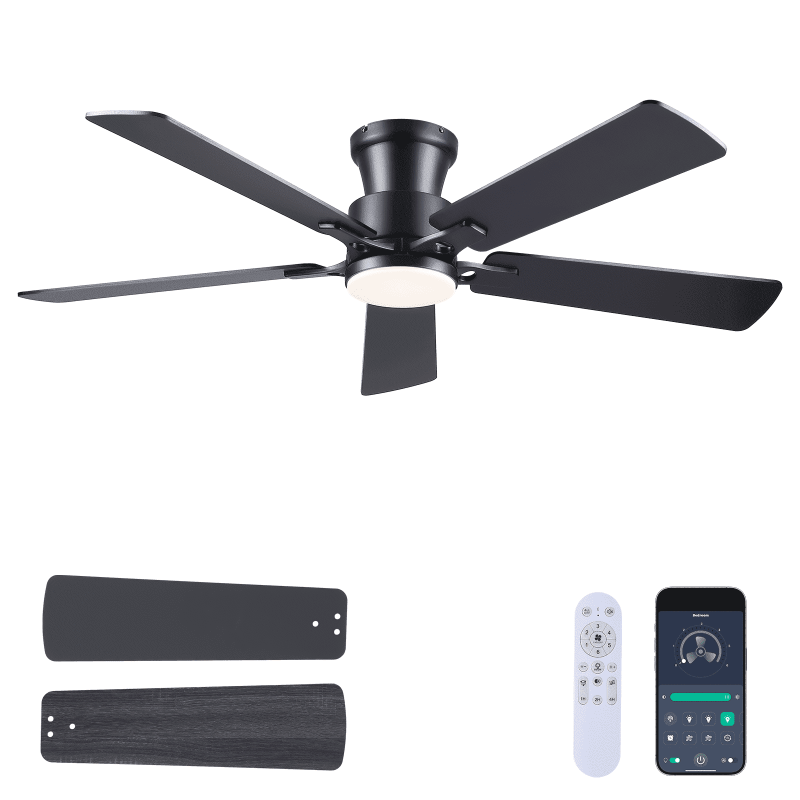 52Inch Ceiling Fan with Lights and Remotes, Modern Low Profile Flush Mount Ceiling Fans,DC Reversible Motor, 3CCT Dimmable,Noiseless,Dual Finish, Black 6 Speeds Ceiling Fan for Indoor/Outdoor