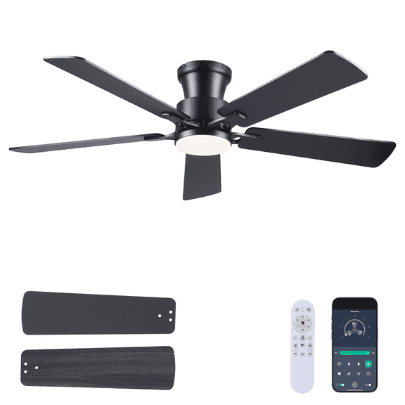 52Inch Ceiling Fan with Lights and Remotes, Modern Low Profile Flush Mount Ceiling Fans,DC Reversible Motor, 3CCT Dimmable,Noiseless,Dual Finish, Black 6 Speeds Ceiling Fan for Indoor/Outdoor