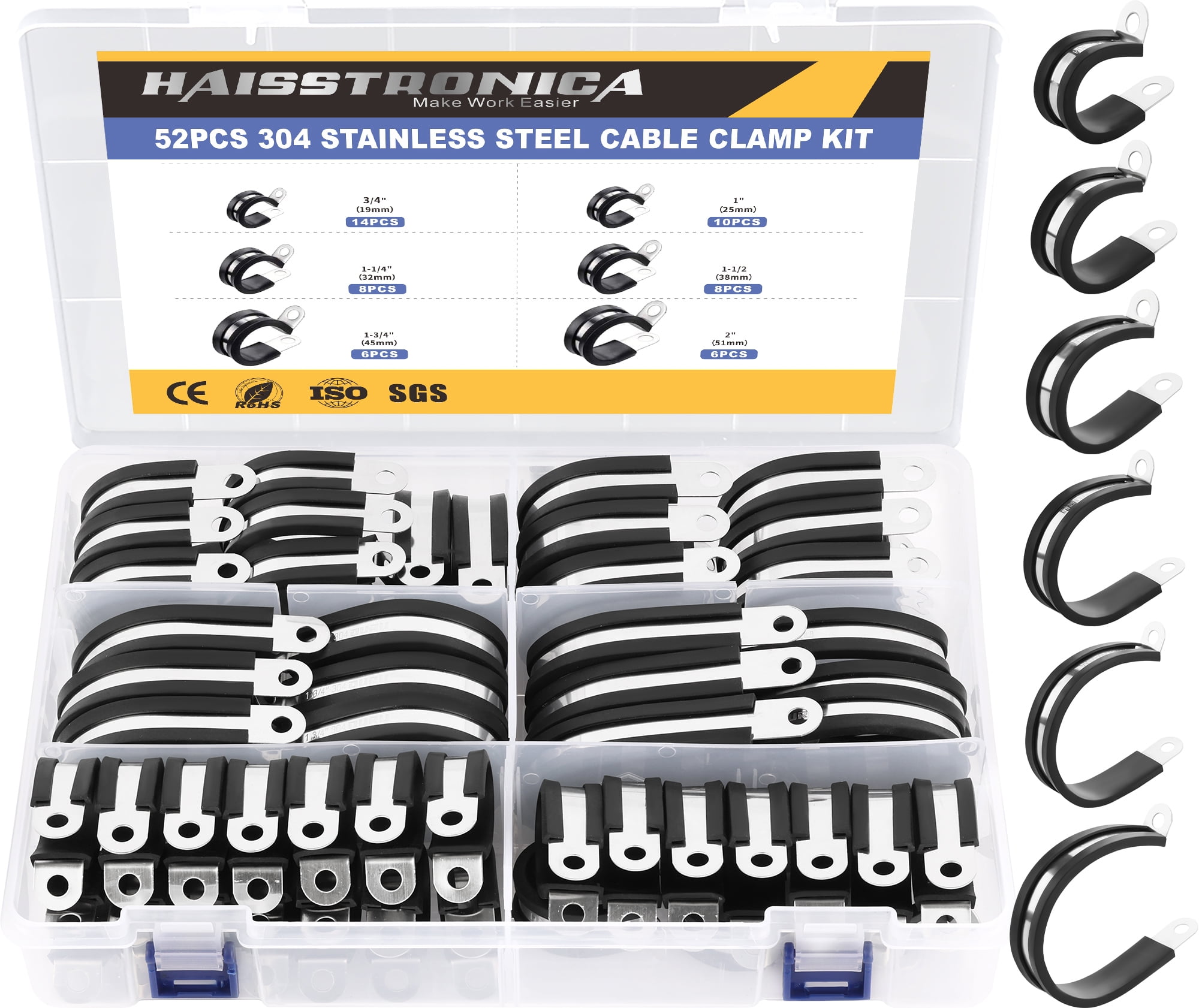 52PCS Cable Clamps Kit,304 Stainless Steel Rubber Cushion Pipe Clamps