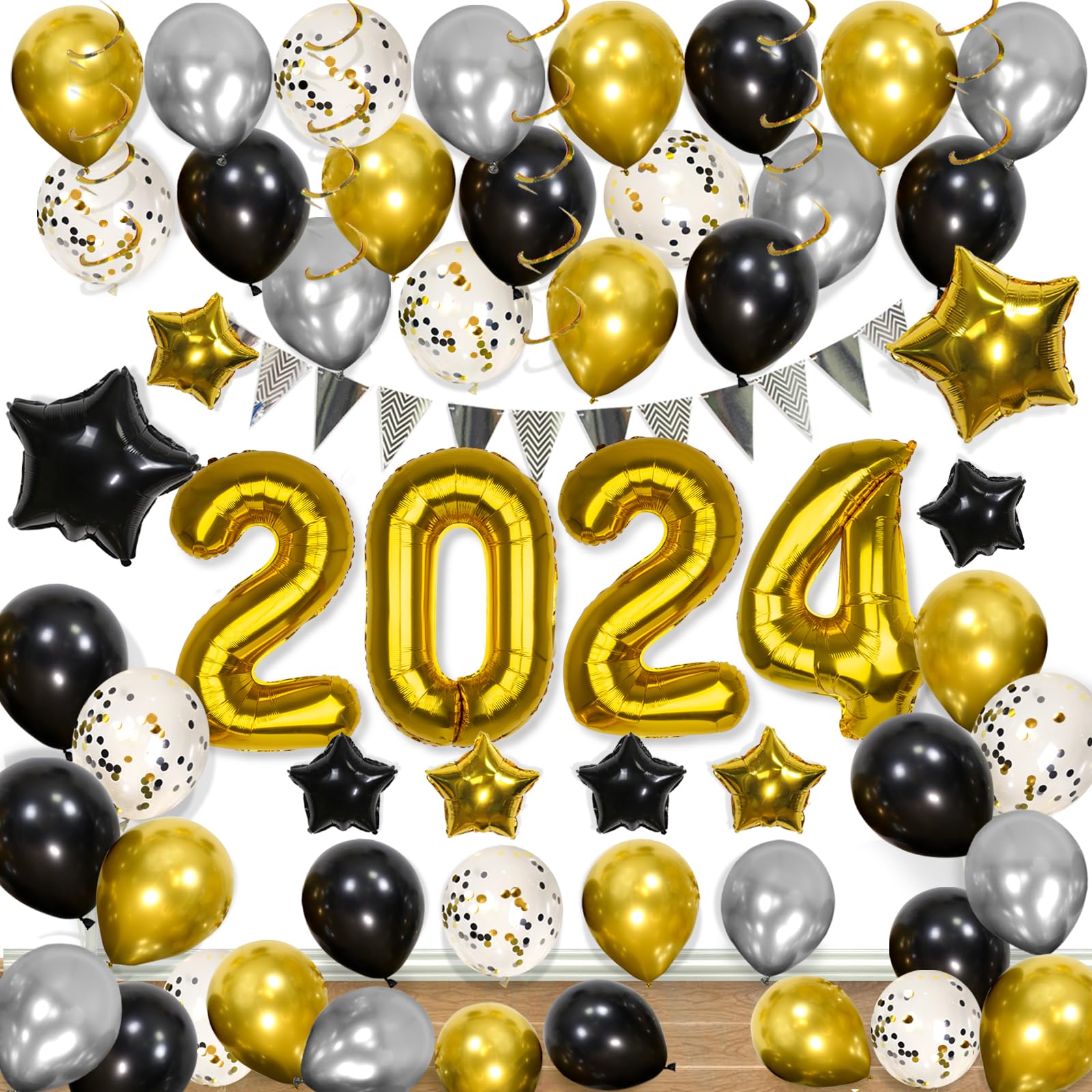 52PCS Decorations 2024 Set, Black and Gold Balloons 2024, Backdrop with ...