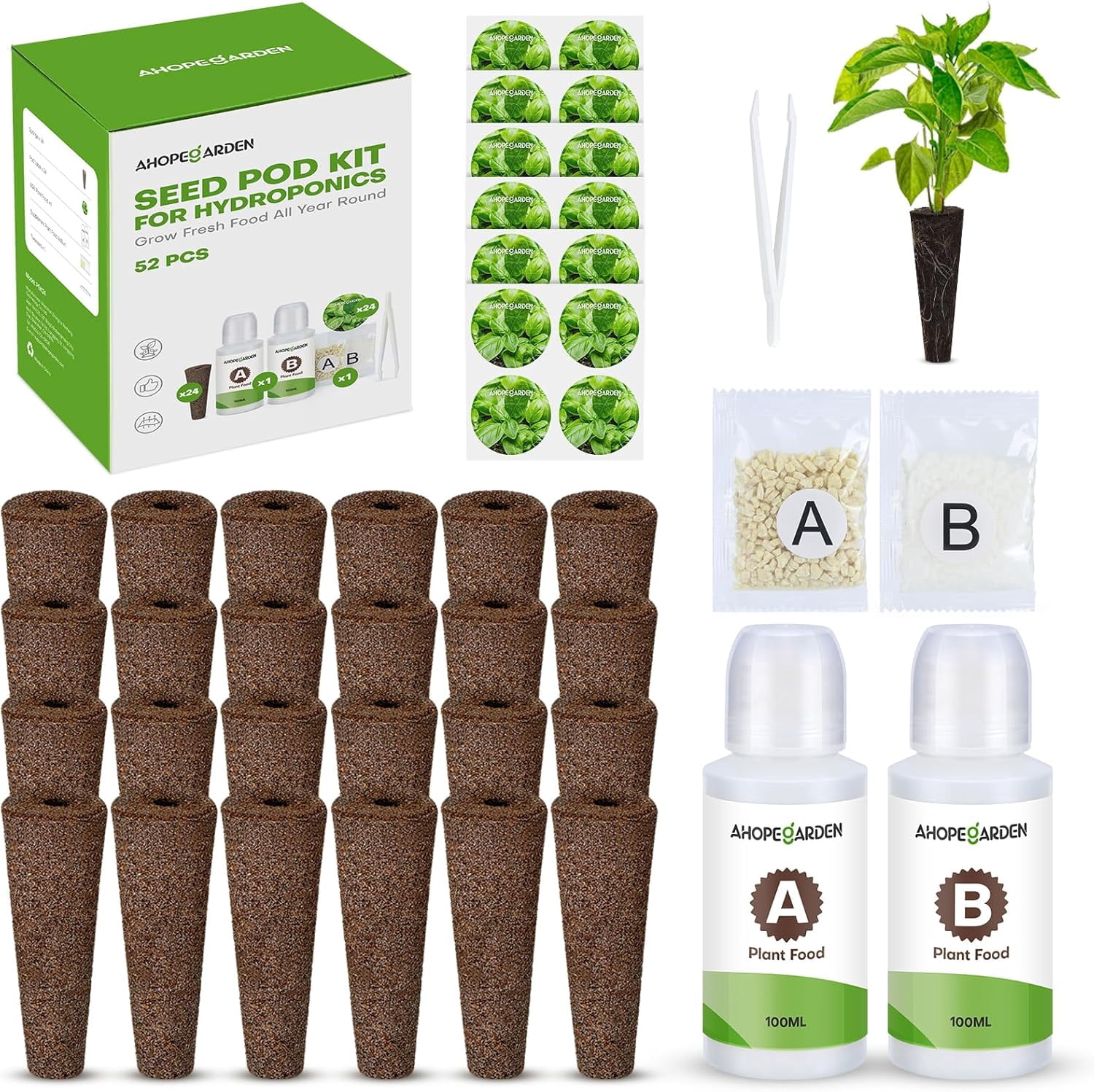 52PCS Hydroponics Pods Kit: Compatible with Aerogarden, Includes 24 Grow Sponges, 24 Pods Labels, 4 A&B Plant Food - Hydroponics Supplies for Most Brands