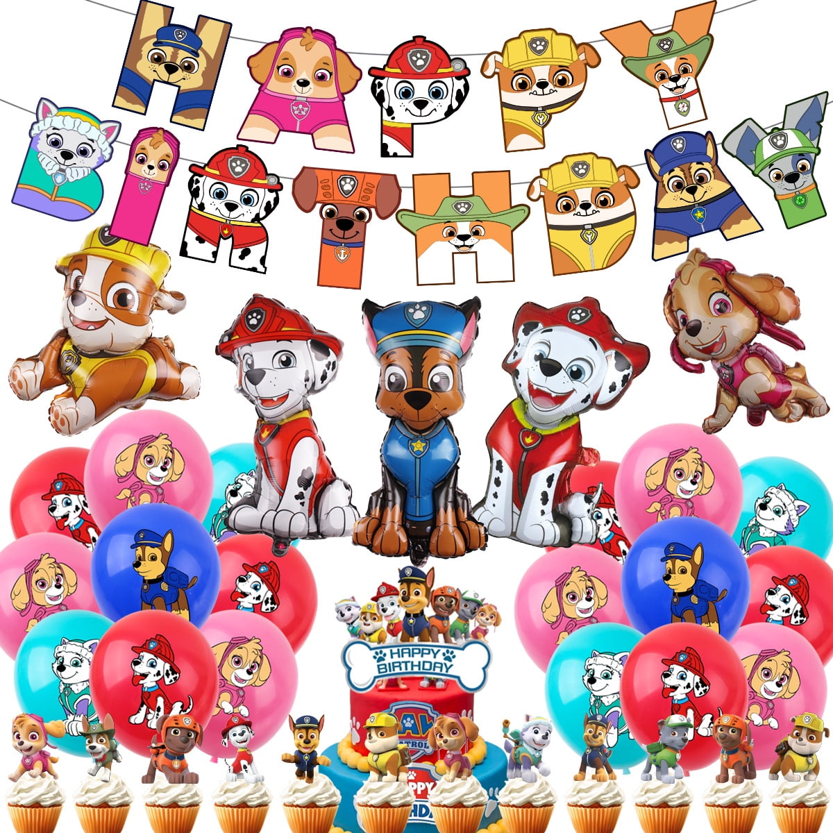 52PCS For Paw Theme For Patrol Birthday Party Decorations,With 1 Happy Birthday Banner Garland,20 Balloons, 13 Cupcake Toppers,6 Foil balloon for Party Supplies