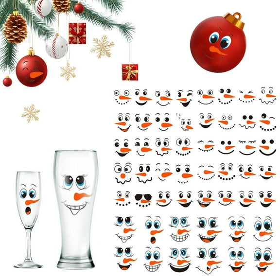 52PCS Snowman Face Stickers for Crafts, Cute Christmas Ornaments Vinyl Snow Man Face Decals, DIY Christmas Decals for Window Glass Cups Balls Jars Wall Party Supplies Home Decoration