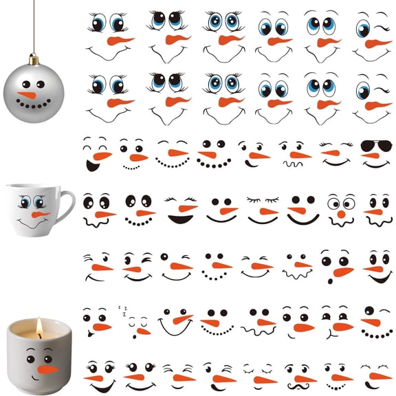 52PCS Snowman Face Stickers for Crafts, Snowman Face Decals for Christmas Ball Ornaments, Cups, Mugs, Jars, Window Stickers, DIY Christmas Tree Ornaments Decorations Holiday Crafts