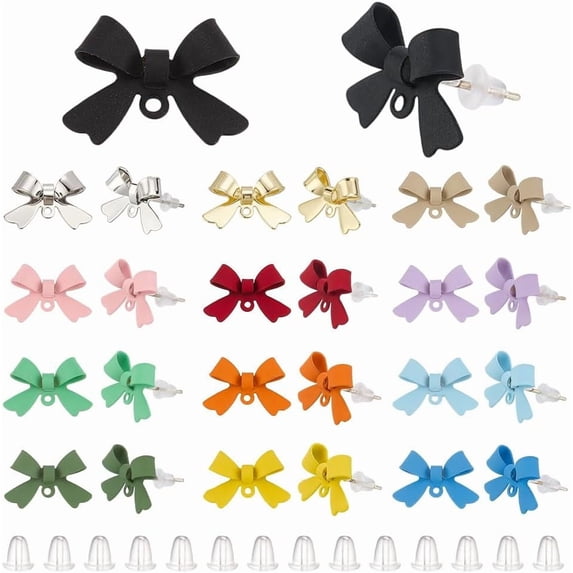 52Pcs 13 Colors Alloy Bow Stud Earring with Loop Stud Earring Findings with 925 Sterling Silver Pins with 56Pcs Plastic Ear Nuts Colorful Bowknot Earings