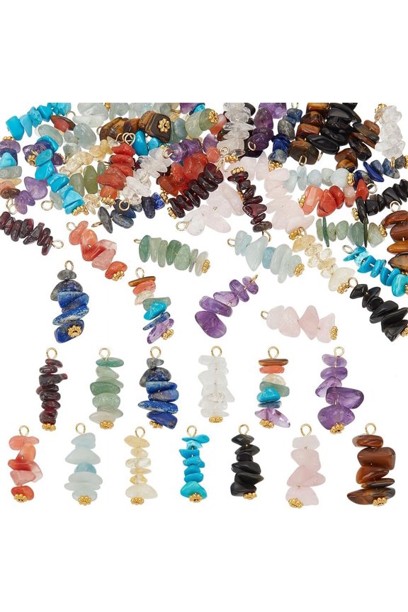 52Pcs 13 Styles Chip Stone Charms Gemstone Chips Charms Natural Stone With Copper Wire Beads Multi-color Jewelry Charms for DIY Jewellery Making Bracelets Necklaces Hole: 1.8mm