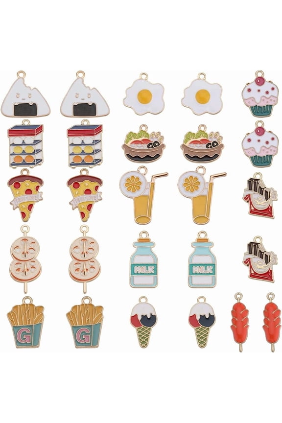 52Pcs 13 Styles Food Charms Cute Foods Charm Bulk Fruit Vegetable Cake Ice Cream Chocolate Enamel Drink Charm Supplies DIY Necklaces Bracelets Earrings Crafts Adult Mixed Color