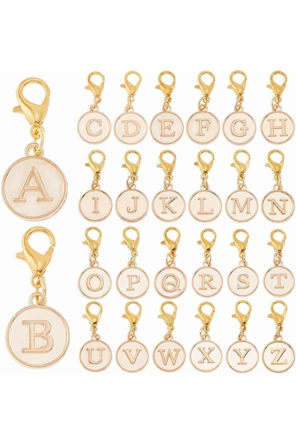 52Pcs 26 Letter Clip On Charms Alloy Letter Charms with Lobster Clasps A-Z Alphabet Pendants Round Capital Letter Zipper Pull Charms for Jewelry Making Keychain Purse Backpack Ornament Gold
