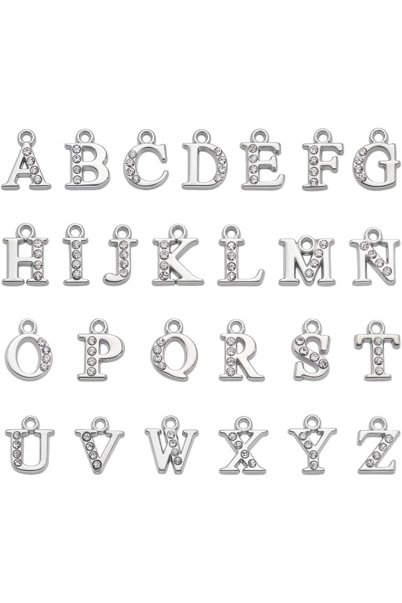 52Pcs 26 Styles A-Z Alphabet Letters Charms Alloy Rhinestone Charms Platinum Slide Glitter Wristbands Pendants for Bracelet Necklace Earrings Jewelry Making DIY Crafts Supplies