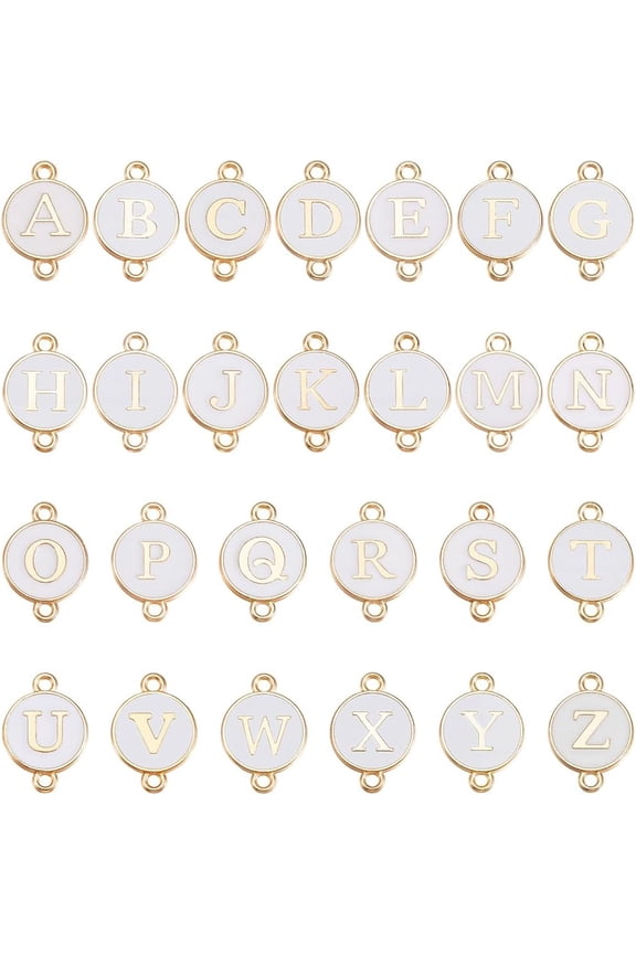 52Pcs 26 Styles Alphabet Connector Charms Double Link Charm Enamel White Flat Round A to Z Letter Gold Alloy Double Loops Pendants Findings for DIY Jewelry Making Necklaces Bracelets DIY Crafts