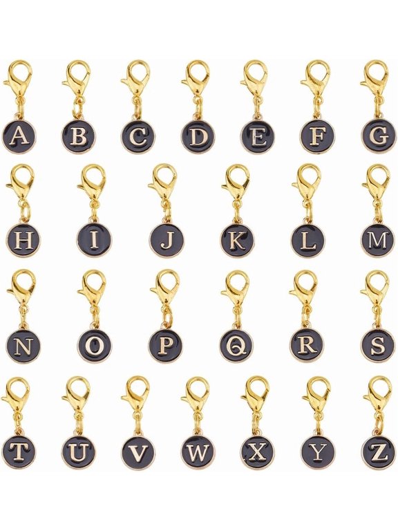 52Pcs 26 Styles Clip on Charms 26 Letter Zipper Pulls Initials Letter Alloy A to Z Alphabet Charm with Lobster Clasp Black/White Decorations