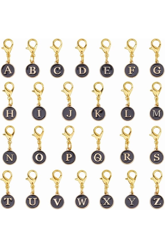 52Pcs 26 Styles Clip on Charms 26 Letter Zipper Pulls Initials Letter Alloy A to Z Alphabet Charm with Lobster Clasp Black/White Decorations
