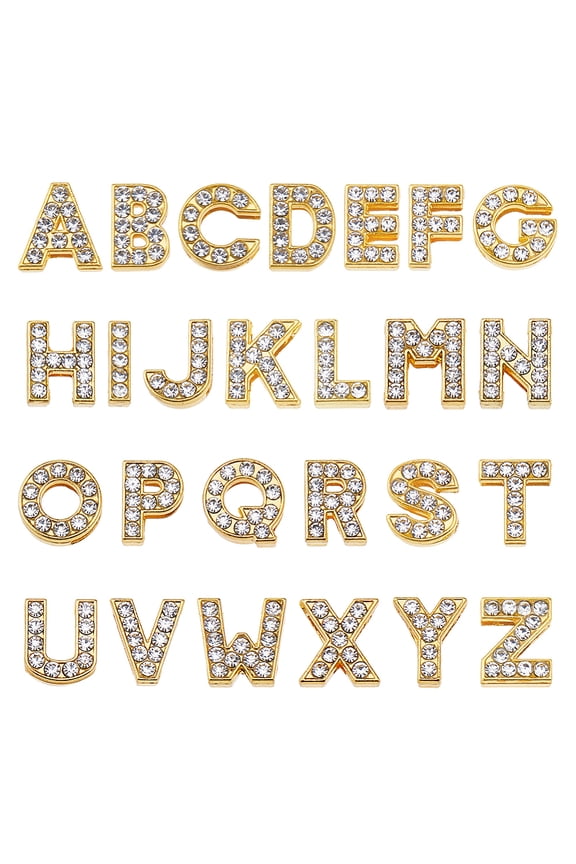 52Pcs 26 Styles Full Rhinestones Slide Alphabet Letters Charms Alloy Rhinestone Slide Charms 12mm Golden A-Z Letter Charm