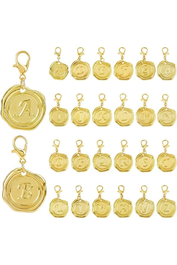 52Pcs 26 Styles Letter Charms Clip On Charm Zipper Pulls Charms Alloy A to Z Alphabet Charm with Lobster Clasp Letter Golden Decorations for Keychain Purse Backpack Ornament Gold