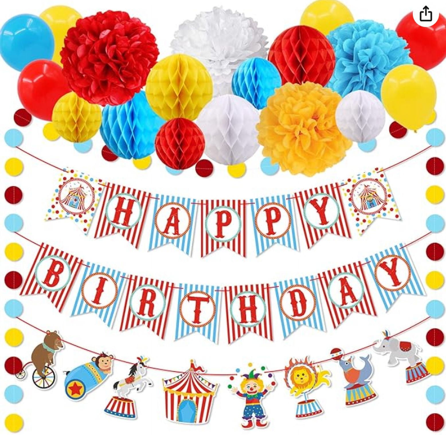 52Pcs Carnival Circus Party Decorations Supplies Set,Happy Birthday  Swallowtail Garland Circle Dots Banners Balloons Tissue Paper Flowers Pom  Poms Honeycomb Ball for Carnival Decoration - Walmart.com, image size:1556x1516