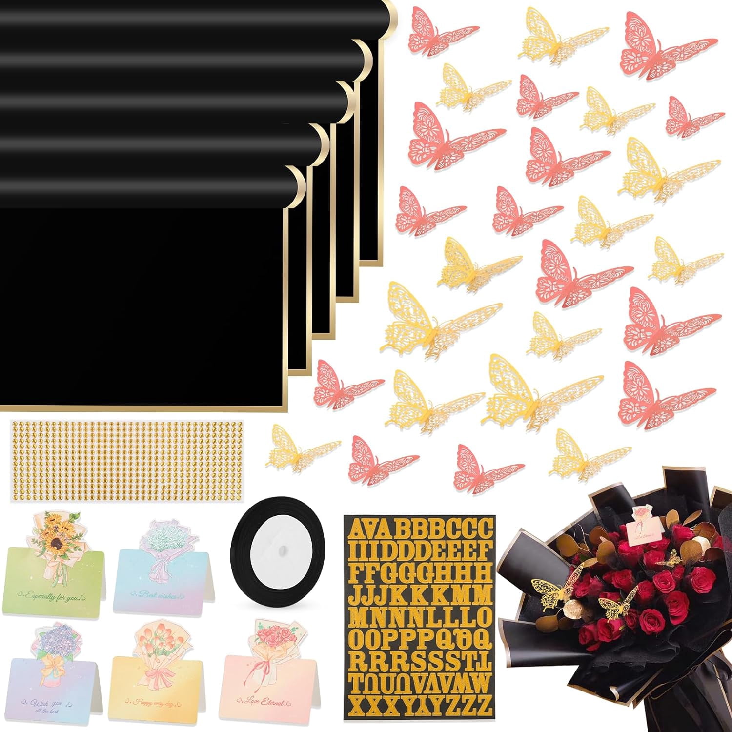 52Pcs Flower Bouquet Wrapping Paper Kit, 20 Sheets Black Waterproof ...