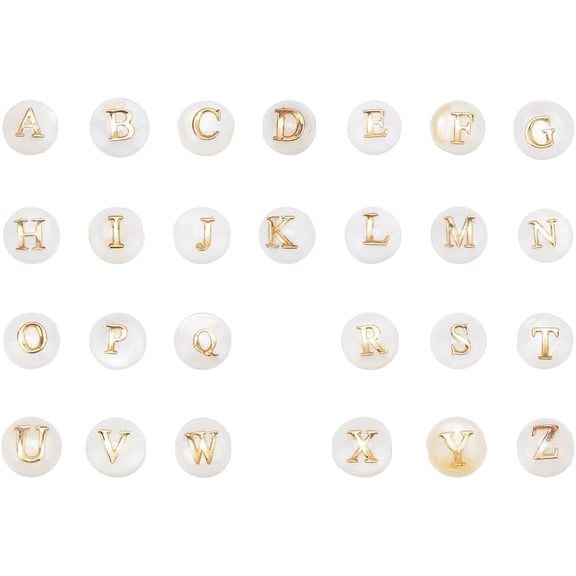 52Pcs Golden Letter Alphabet Beads 6x4mm Natural Freshwater Shell Alphabet Letter A-Z Beads Round Letter Beads for Jewelry Making Bracelets Necklaces Key Chains Crafts Hole:0.8mm
