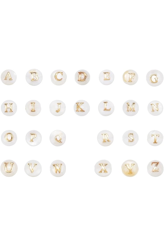 52Pcs Golden Letter Alphabet Beads 6x4mm Natural Freshwater Shell Alphabet Letter A-Z Beads Round Letter Beads for Jewelry Making Bracelets Necklaces Key Chains Crafts Hole:0.8mm DIY