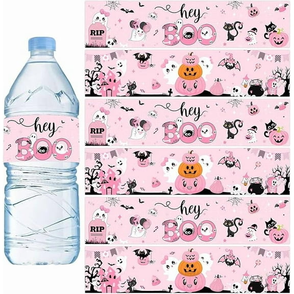 52Pcs Halloween Pink Water Bottle Labels, Hey Boo Bottle Stickers Drink Label Wrappers for Birthday Baby Shower Halloween Party Supplies