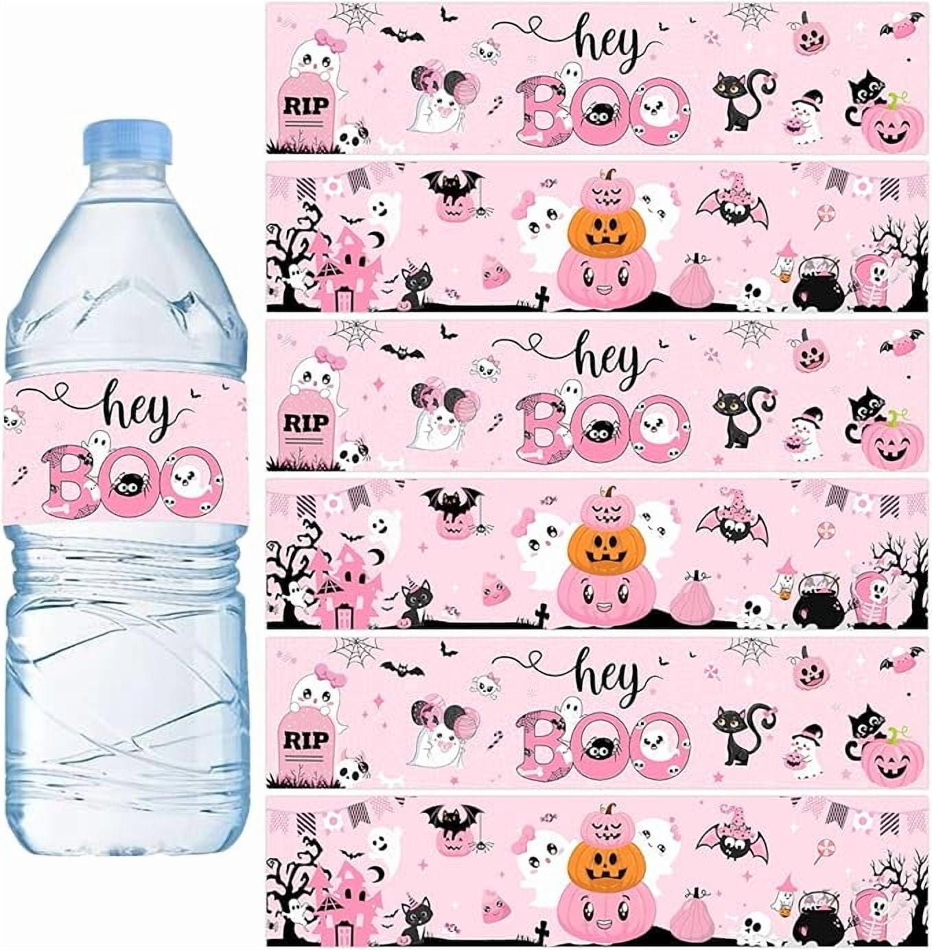 52Pcs Halloween Pink Water Bottle Labels, Hey Boo Bottle Stickers Drink ...