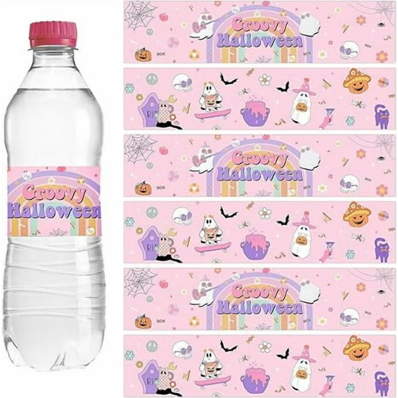 52Pcs Halloween Water Bottle Labels Groovy Halloween Bottle Stickers Pink Ghost Bat Pumpkin Wrap Around Labels for A Little Boo is Almost Due Baby Shower Birthday Party Favors