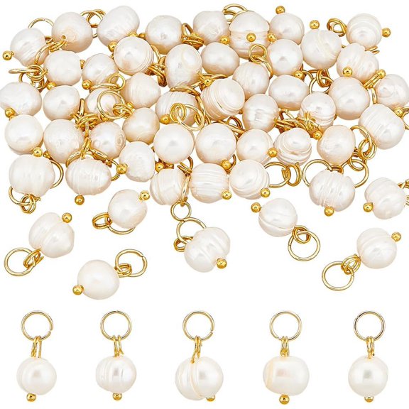 52Pcs Natural Freshwater Pearl Charms Potato Charms with Golden Plated 304 Stainless Steel Jump Rings Seashell Color 11~13x7~8.5x7~8.5mm Hole: 4.6mm