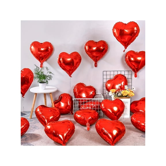 52Pcs Red Heart Foil Balloon Kit with Ribbon & Straw - Ideal for Wedding Bridal Shower, Engagement, Romantic Proposal Party Decor