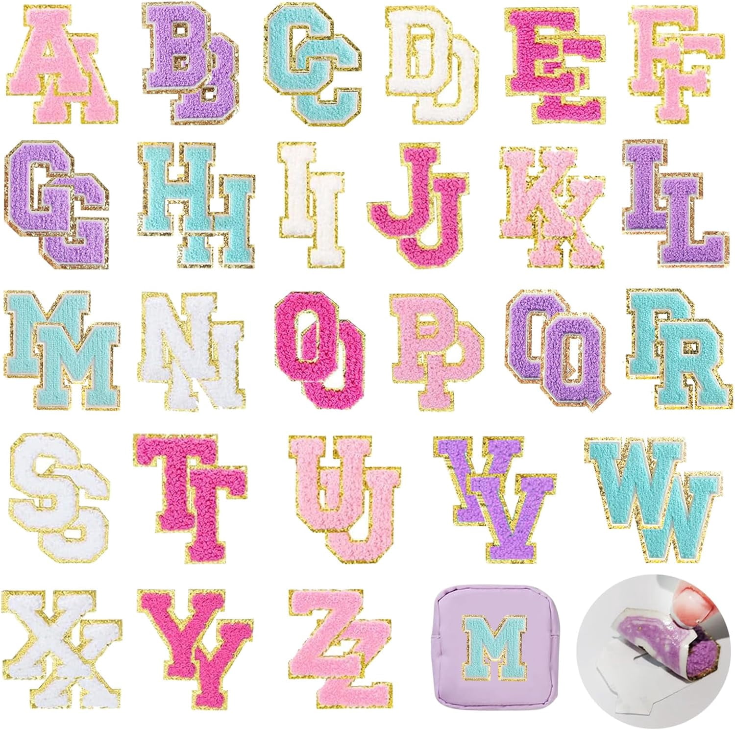 52Pcs Self Adhesive Chenille Patches for DIY Clothing, A-Z Alphabet Applique Patches Stick on Letters Glitter Chenille Patches Sticker for Clothing, Makeup Hats, Bags, Backpacks, laptops