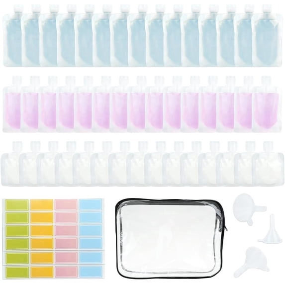52Pcs Travel Pouches for Toiletries, TSA Approved Travel Fluid Squeeze Pouches, Travel Size Stand Up Pouch, Refillable Leakproof Travel Containers for Shampoo Conditioner Lotion Soap Liquids