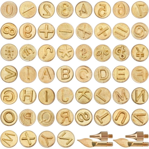 52Pcs Wood Burning Tip Letter Golden Brass Copper Kit Alphabet Number Symbol Soldering Stencil Leather Burner Pyrography Tool Template Set