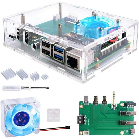 52Pi Acrylic Set-top Box Kit for Raspberry Pi, Pi 4 Case with Fan+ Pi 4 Heatsinks + Extension Board for Raspberry Pi 4 Model B