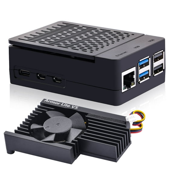 52Pi Black Case for Raspberry Pi 5, Pi 5 Case with Armor Lite V5 Active Cooler with Adjustable Speed Fan