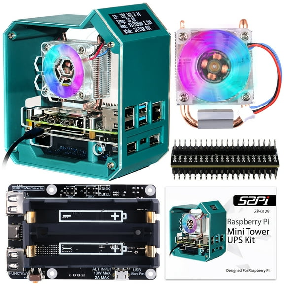52Pi Case for Raspberry Pi 4, Pi 4 Mini Tower Case with ICE Tower Cooler, with UPS Plus Hat, 0.96 inch OLED Display, GPIO 1 to 2 Expansion Board for Raspberry Pi 4 Model B