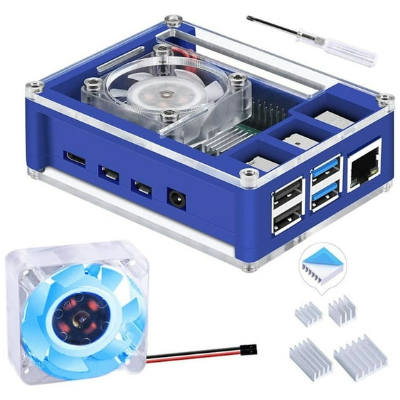 52Pi Case for Raspberry Pi 4, Pi 4 Case with Fan 40X40X10mm (Blue Backlight) and 4pcs Aluminum Heatsinks for Raspberry Pi 4 Model B (Blue&Clear)