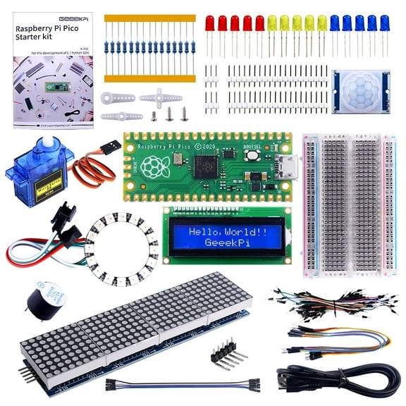 52Pi Raspberry Pi Pico Basic Starter Kit with Raspberry Pi Pico, Breadboard, I2C 1602 LCD Display Module, 9g Mirco Servo for Raspberry Pi Beginners & Software Engineer